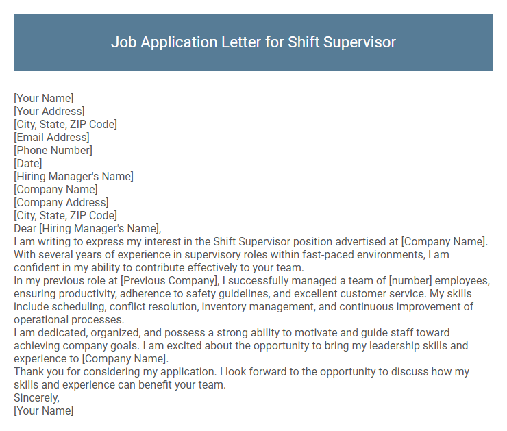 Job Application Letter for Shift Supervisor