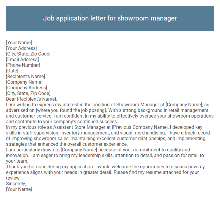 Job application letter for showroom manager