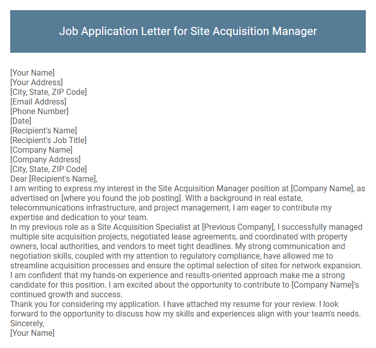 Job Application Letter for Site Acquisition Manager