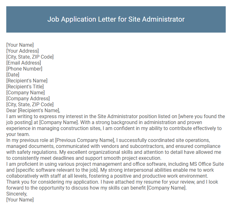 Job Application Letter for Site Administrator