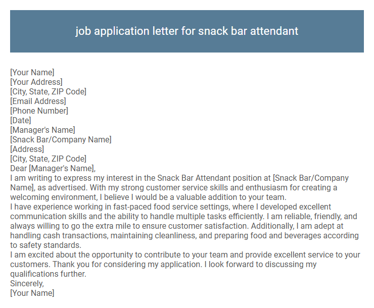 job application letter for snack bar attendant