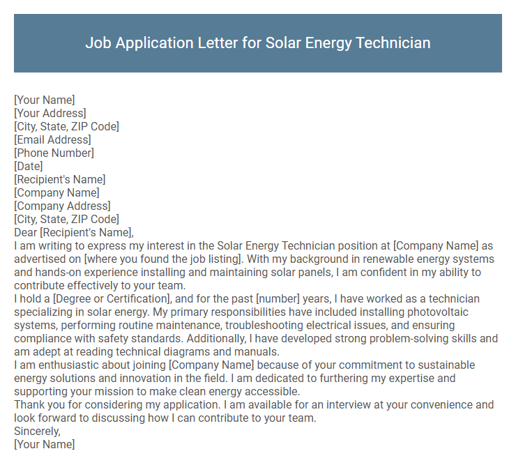 Job Application Letter for Solar Energy Technician