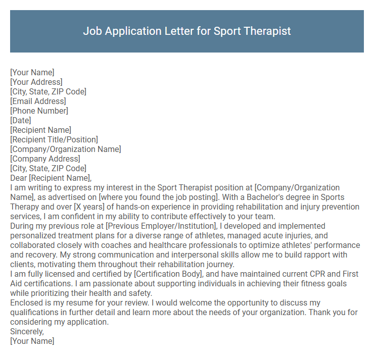 Job Application Letter for Sport Therapist
