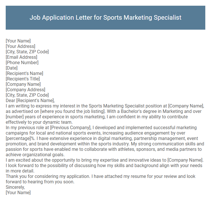 Job Application Letter for Sports Marketing Specialist