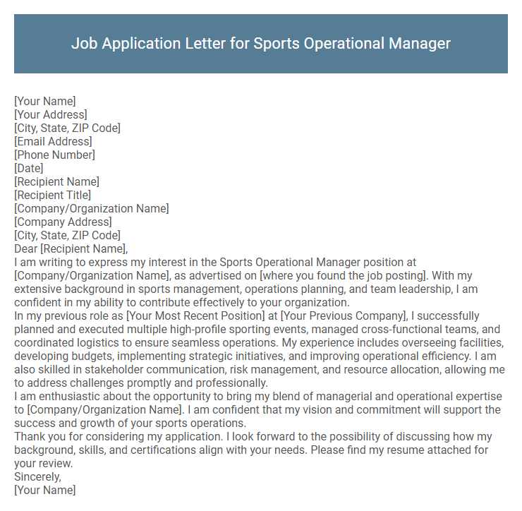 Job Application Letter for Sports Operational Manager