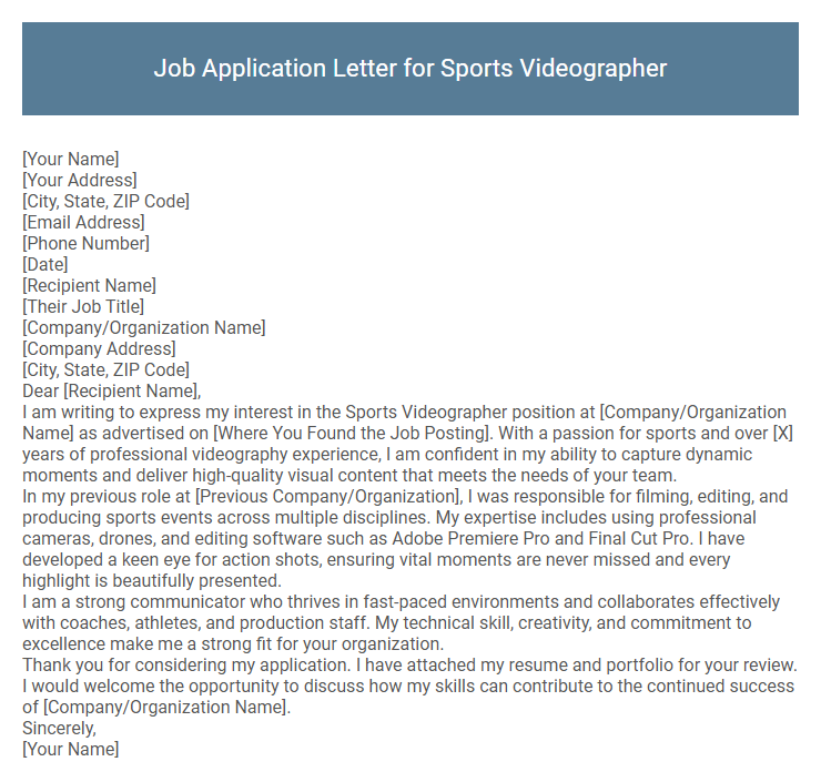 Job Application Letter for Sports Videographer