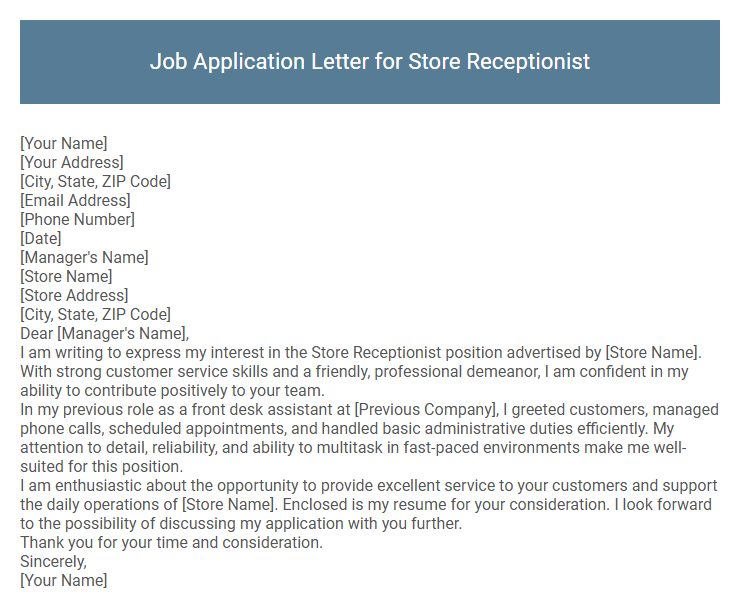 Job Application Letter for Store Receptionist
