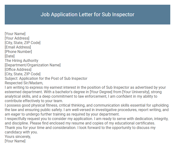 Job Application Letter for Sub Inspector