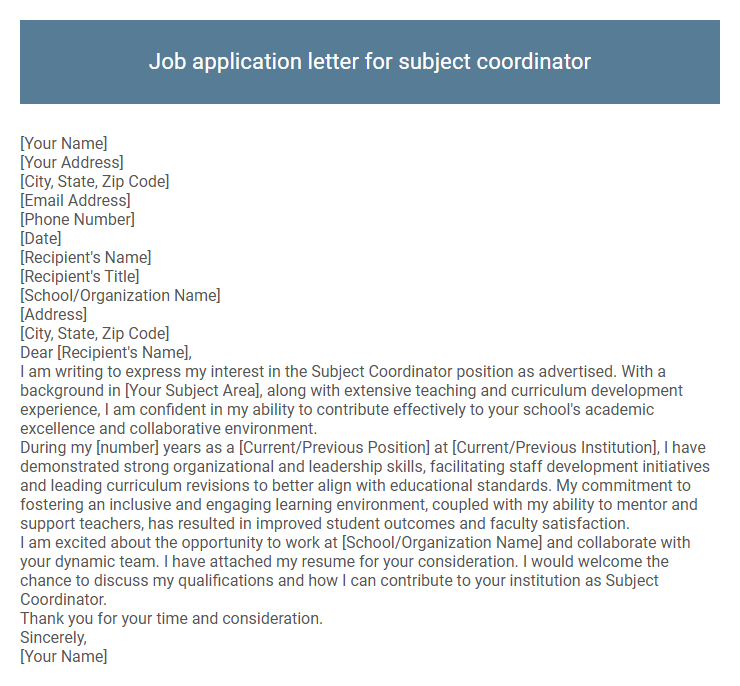 Job application letter for subject coordinator