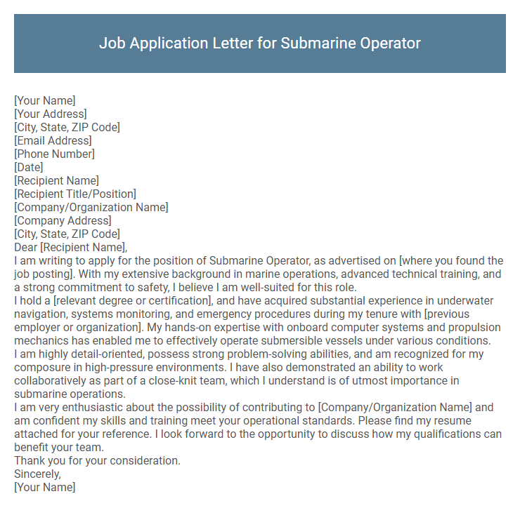 Job Application Letter for Submarine Operator