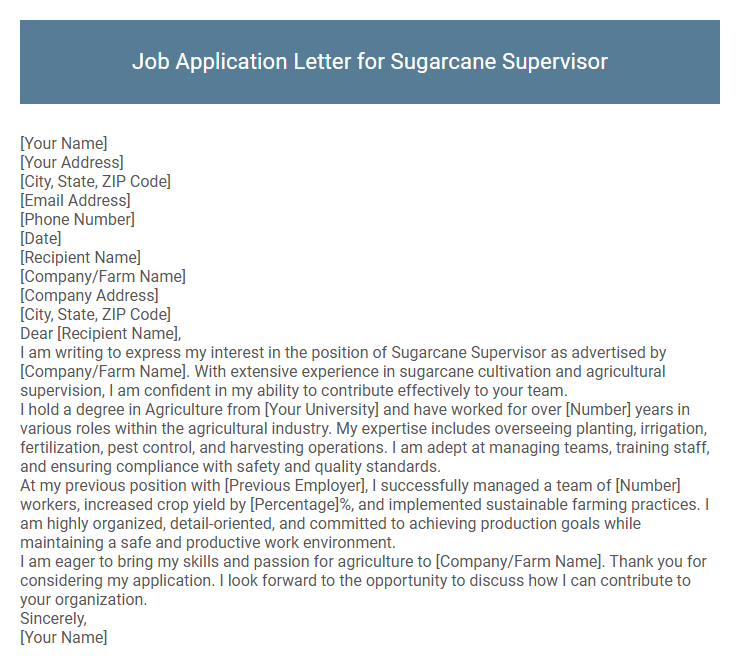 Job Application Letter for Sugarcane Supervisor