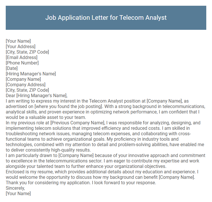 Job Application Letter for Telecom Analyst