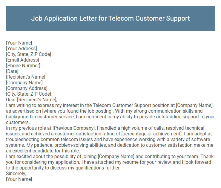 Job Application Letter for Telecom Customer Support