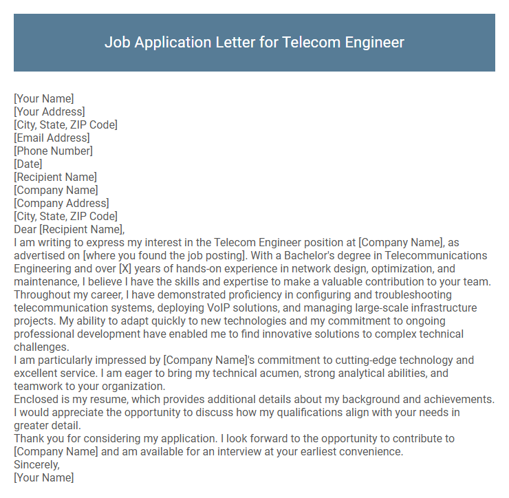 Job Application Letter for Telecom Engineer