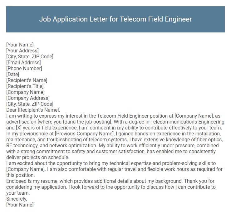 Job Application Letter for Telecom Field Engineer