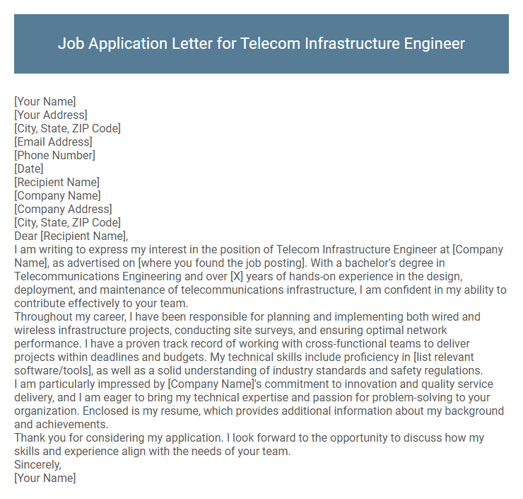 Job Application Letter for Telecom Infrastructure Engineer