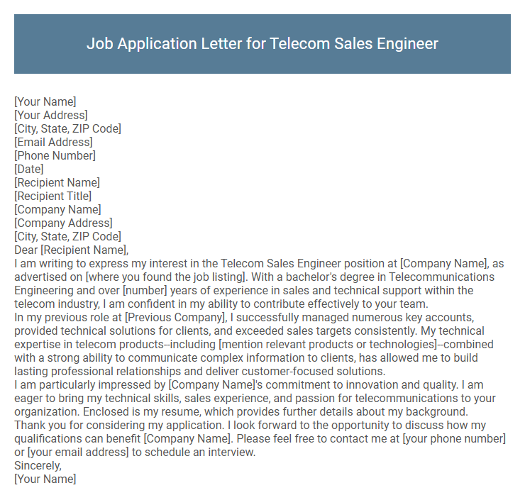 Job Application Letter for Telecom Sales Engineer