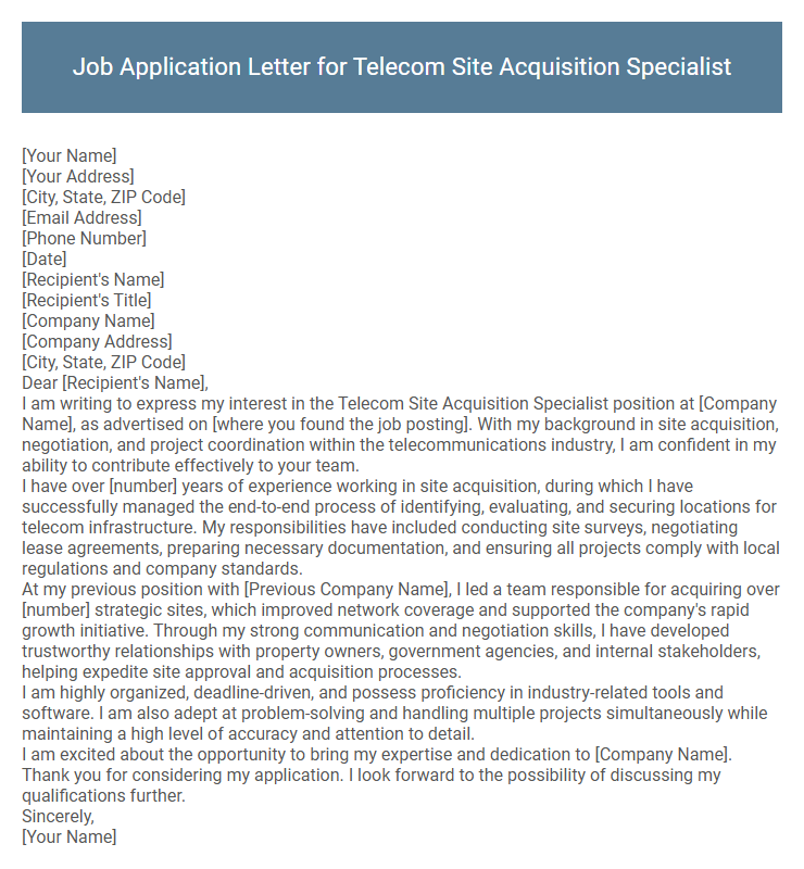 Job Application Letter for Telecom Site Acquisition Specialist
