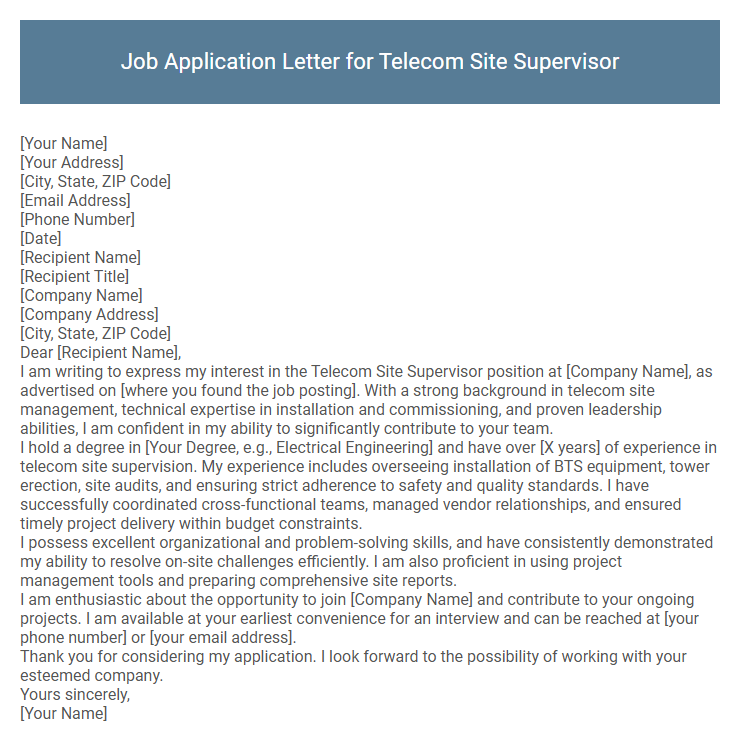 Job Application Letter for Telecom Site Supervisor