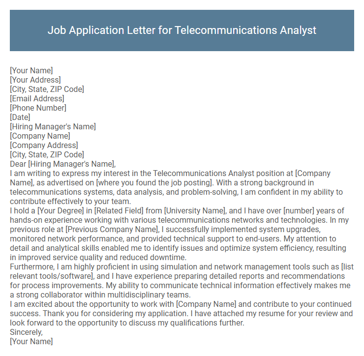 Job Application Letter for Telecommunications Analyst