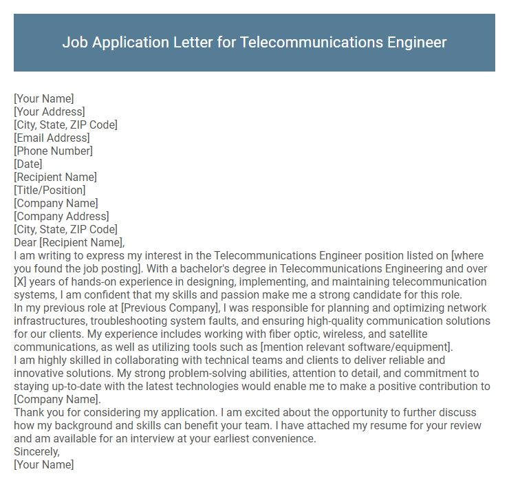 Job Application Letter for Telecommunications Engineer