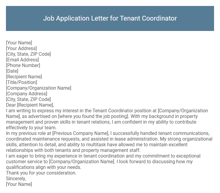 Job Application Letter for Tenant Coordinator