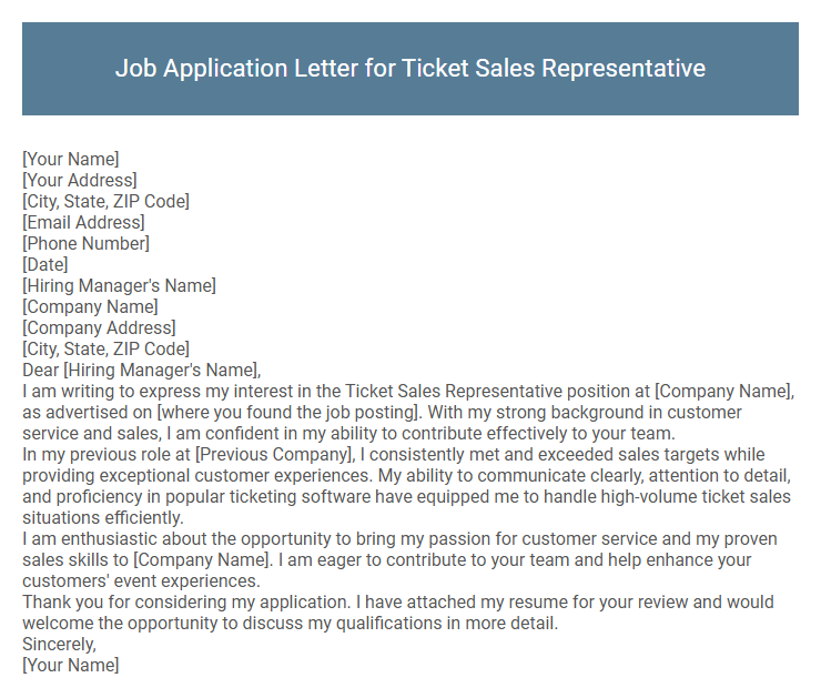 Job Application Letter for Ticket Sales Representative