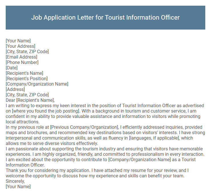 Job Application Letter for Tourist Information Officer