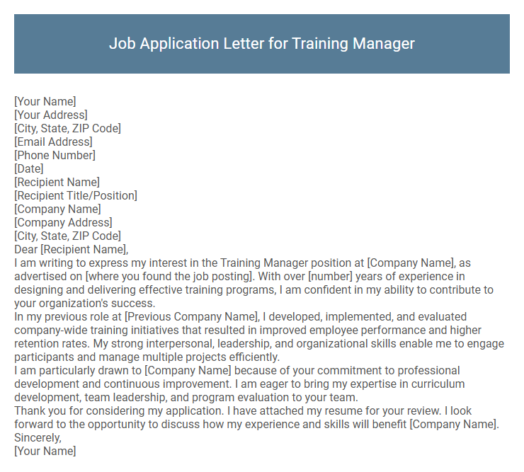 Job Application Letter for Training Manager
