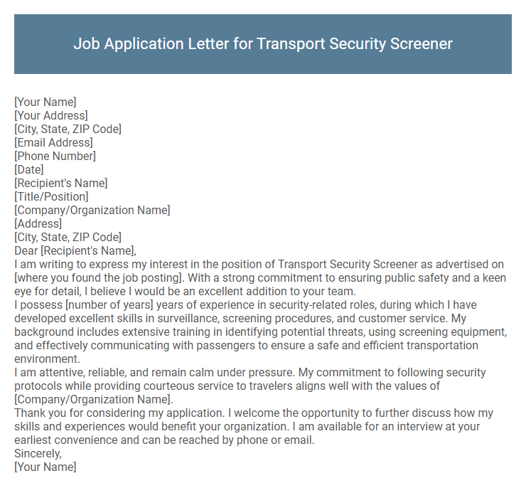 Job Application Letter for Transport Security Screener