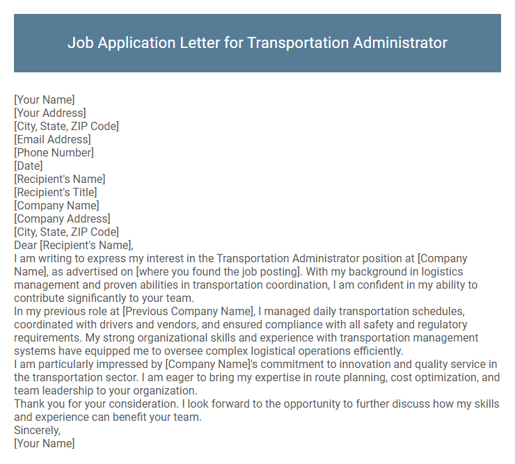 Job Application Letter for Transportation Administrator