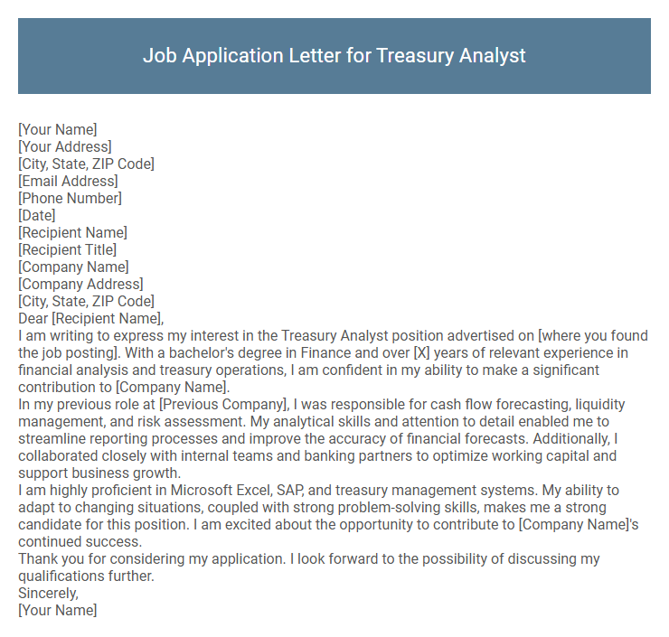 Job Application Letter for Treasury Analyst