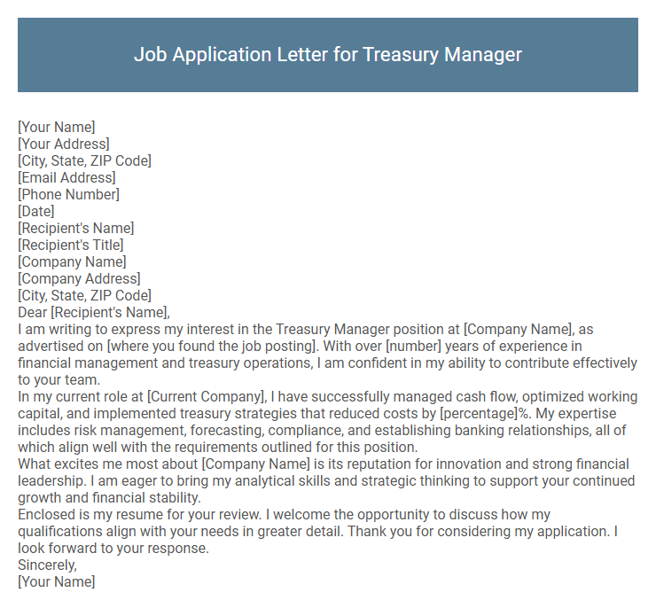 Job Application Letter for Treasury Manager