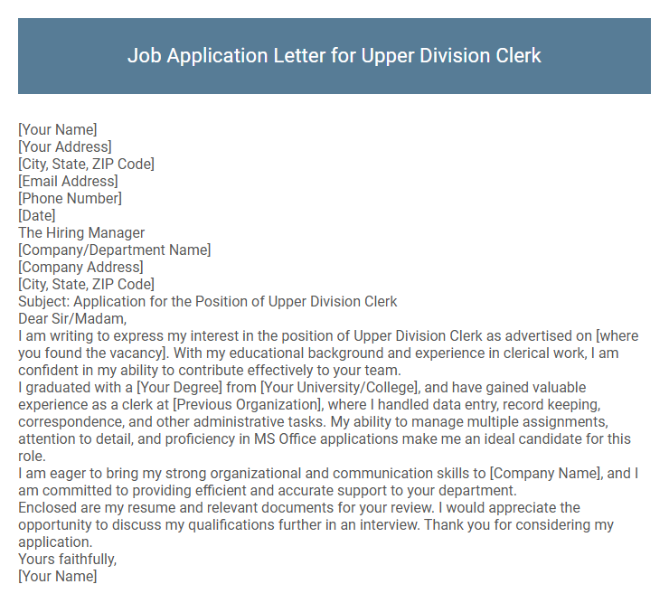 Job Application Letter for Upper Division Clerk