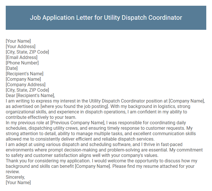 Job Application Letter for Utility Dispatch Coordinator