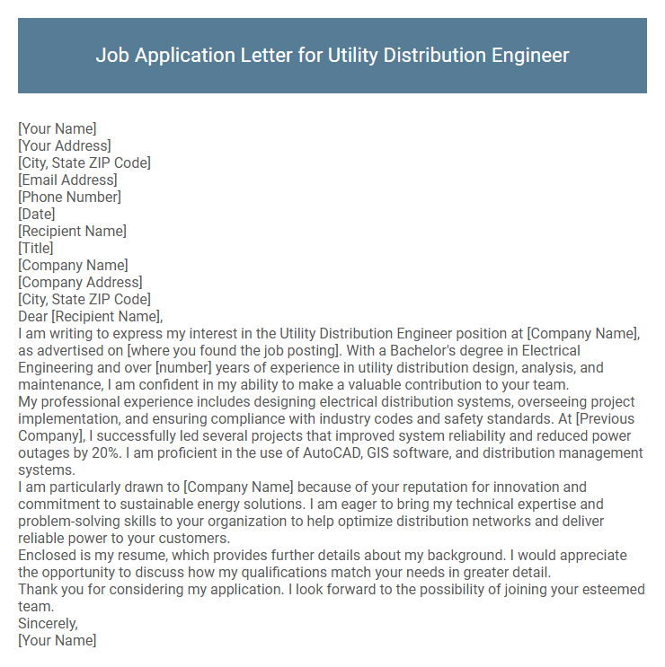 Job Application Letter for Utility Distribution Engineer
