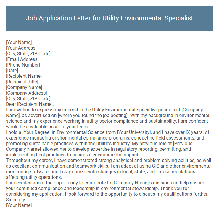 Job Application Letter for Utility Environmental Specialist