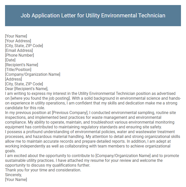 Job Application Letter for Utility Environmental Technician