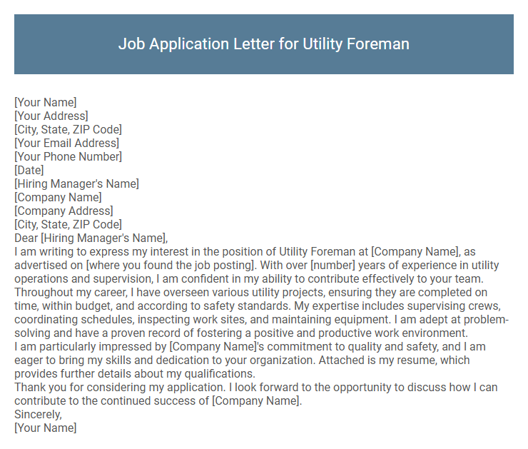 Job Application Letter for Utility Foreman