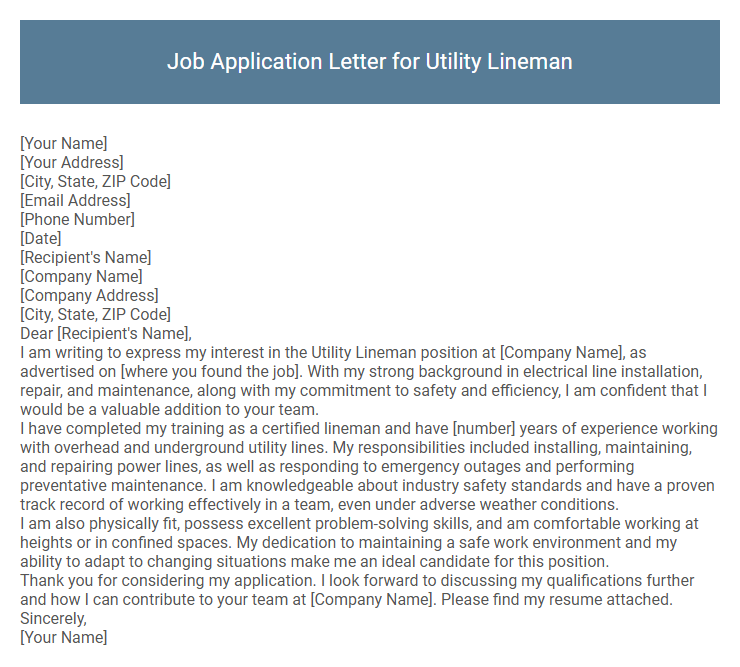 Job Application Letter for Utility Lineman