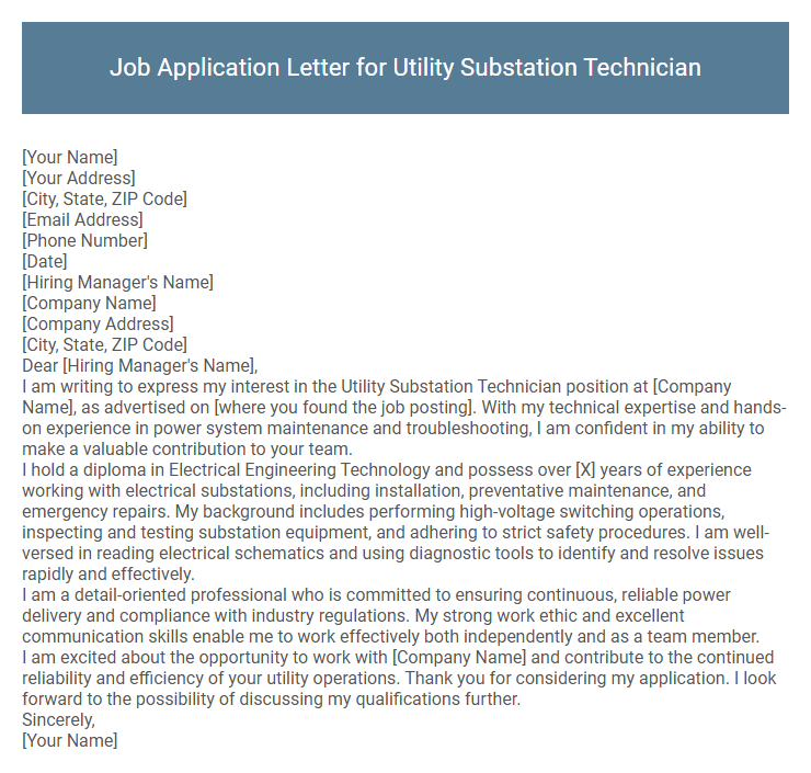 Job Application Letter for Utility Substation Technician