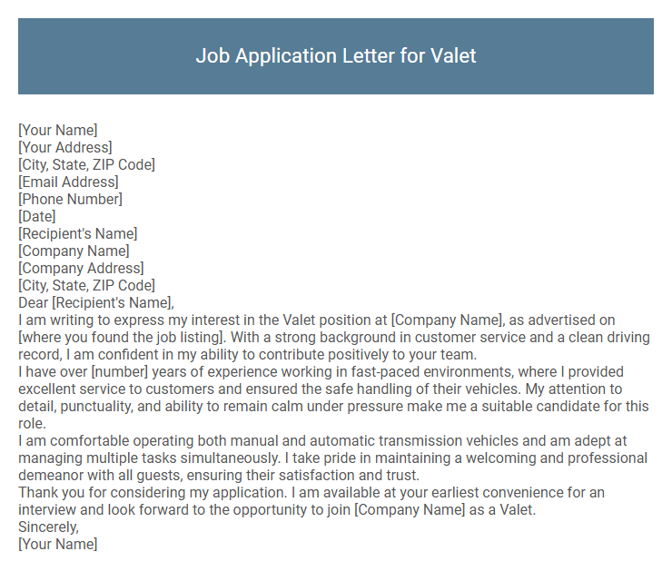 Job Application Letter for Valet
