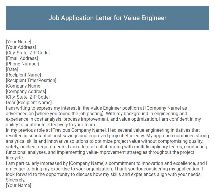 Job Application Letter for Value Engineer