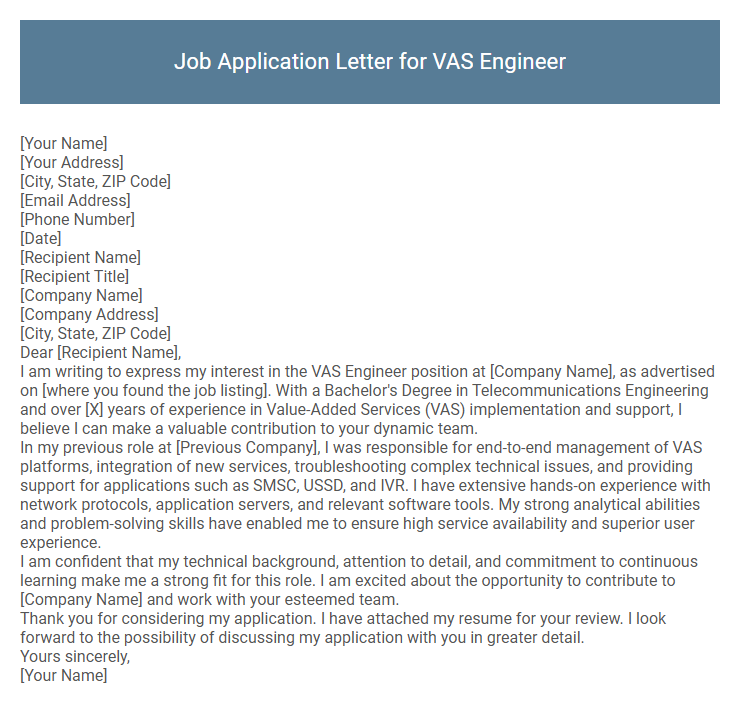 Job Application Letter for VAS Engineer