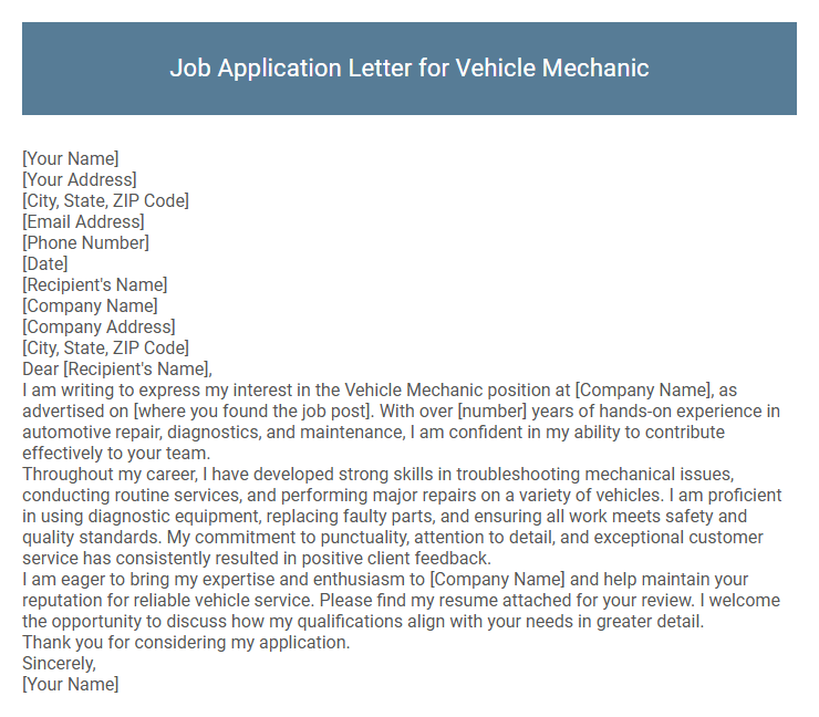 Job Application Letter for Vehicle Mechanic