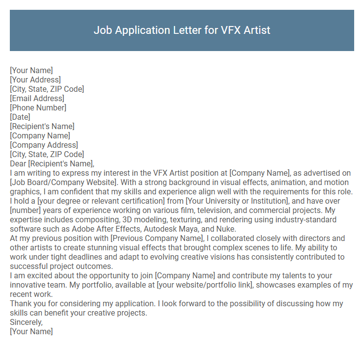 Job Application Letter for VFX Artist