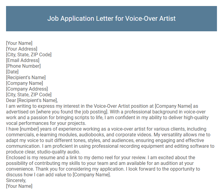 Job Application Letter for Voice-Over Artist