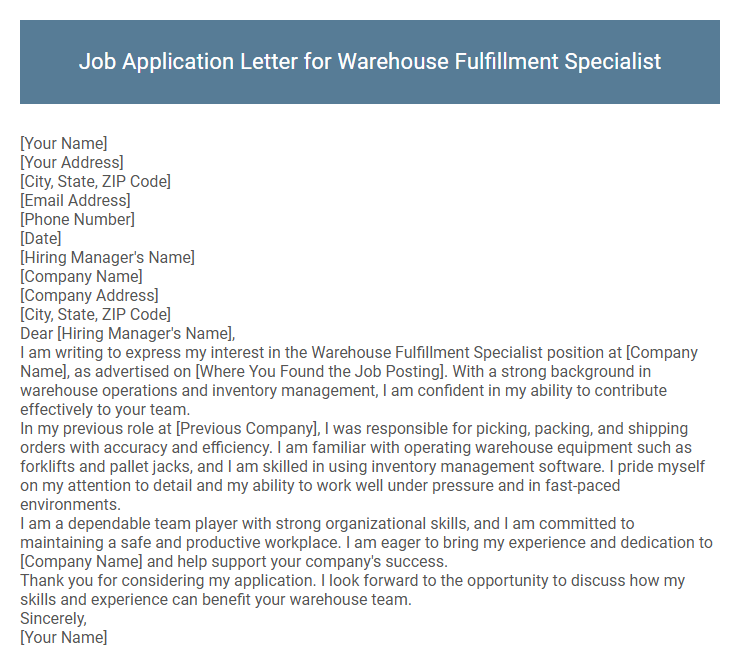 Job Application Letter for Warehouse Fulfillment Specialist