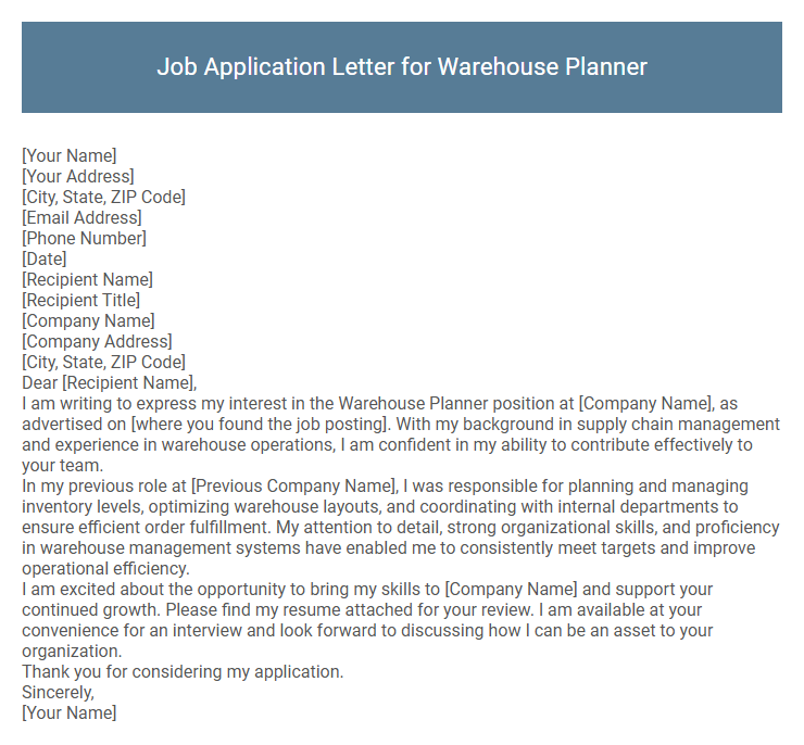 Job Application Letter for Warehouse Planner