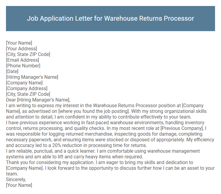 Job Application Letter for Warehouse Returns Processor